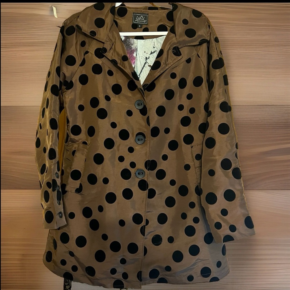 UBU Womens Brown Boho Chic Modern Classic Coat W/Velvety Black Polka Dots Sz Sm